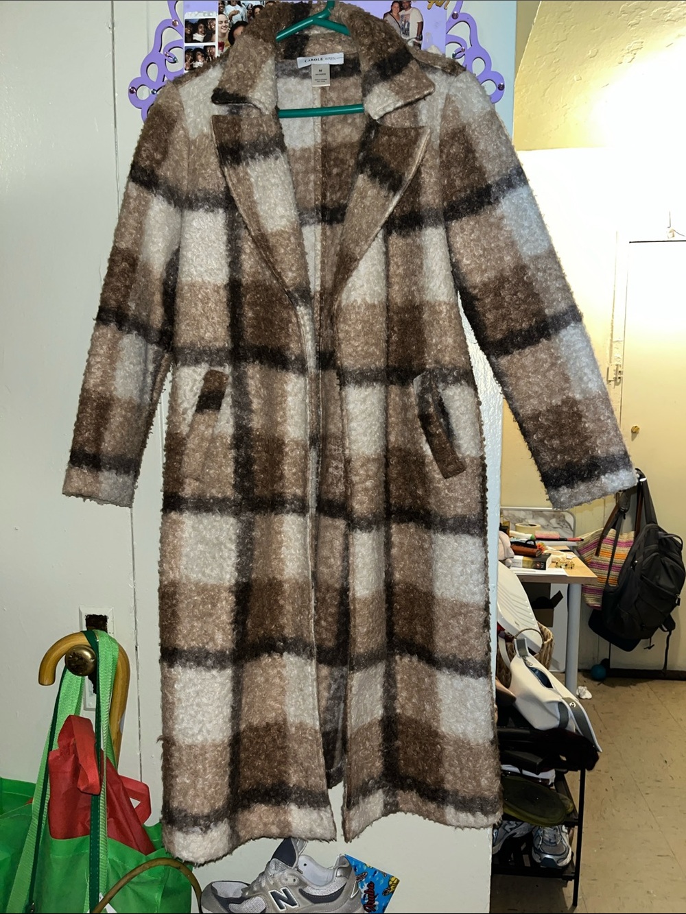 Cozy Plaid Long Teddy Coat - Brown/White